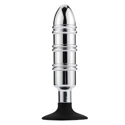 Plug anal, com linhas massageadoras  para maior prazer, feito em alumínio fundido e polido à mão e base em silicone - VIPMIX