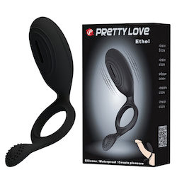 Anel peniano em silicone com estimulador clitoriano vibratório - PRETTY LOVE