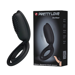 Anel peniano com alça para escroto em silicone com estimulador clitoriano vibratório - PRETTY LOVE